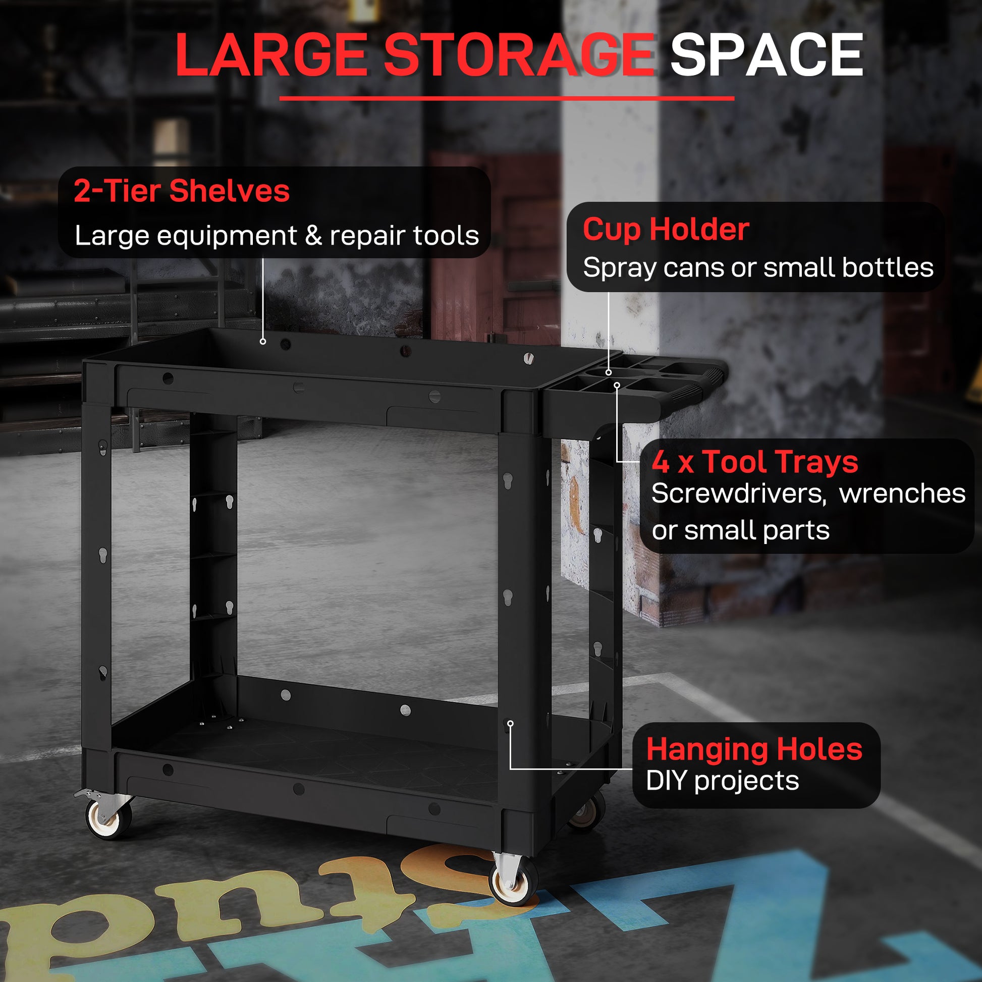 2-Tier Rolling Tool Cart with Wheels, 500 LBS Capacity Utility Cart with Handle, Mobile Service Tool Organizer, Black
