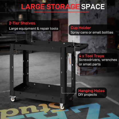 2-Tier Rolling Tool Cart with Wheels, 500 LBS Capacity Utility Cart with Handle, Mobile Service Tool Organizer, Black