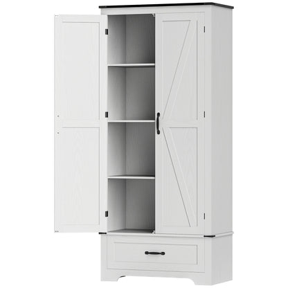 72" Farmhouse Pantry Cabinet with Adjustable Shelves, Kitchen Pantry Cabinet with 2 Doors, White Wood Grain