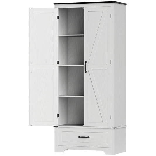 72" Farmhouse Pantry Cabinet with Adjustable Shelves, Kitchen Pantry Cabinet with 2 Doors, White Wood Grain