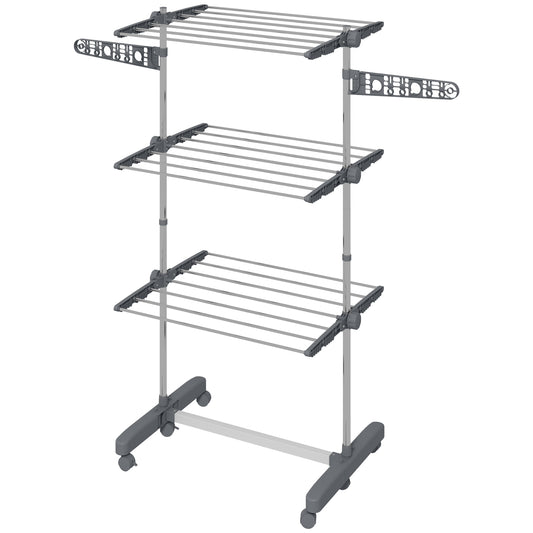 3-Tier Foldable Clothes Drying Rack, Stainless Steel Laundry Rack with 2 Side Wings and 6 Castors, Collapsible Adjustable Clothes Airer for Indoor Outdoor, Grey
