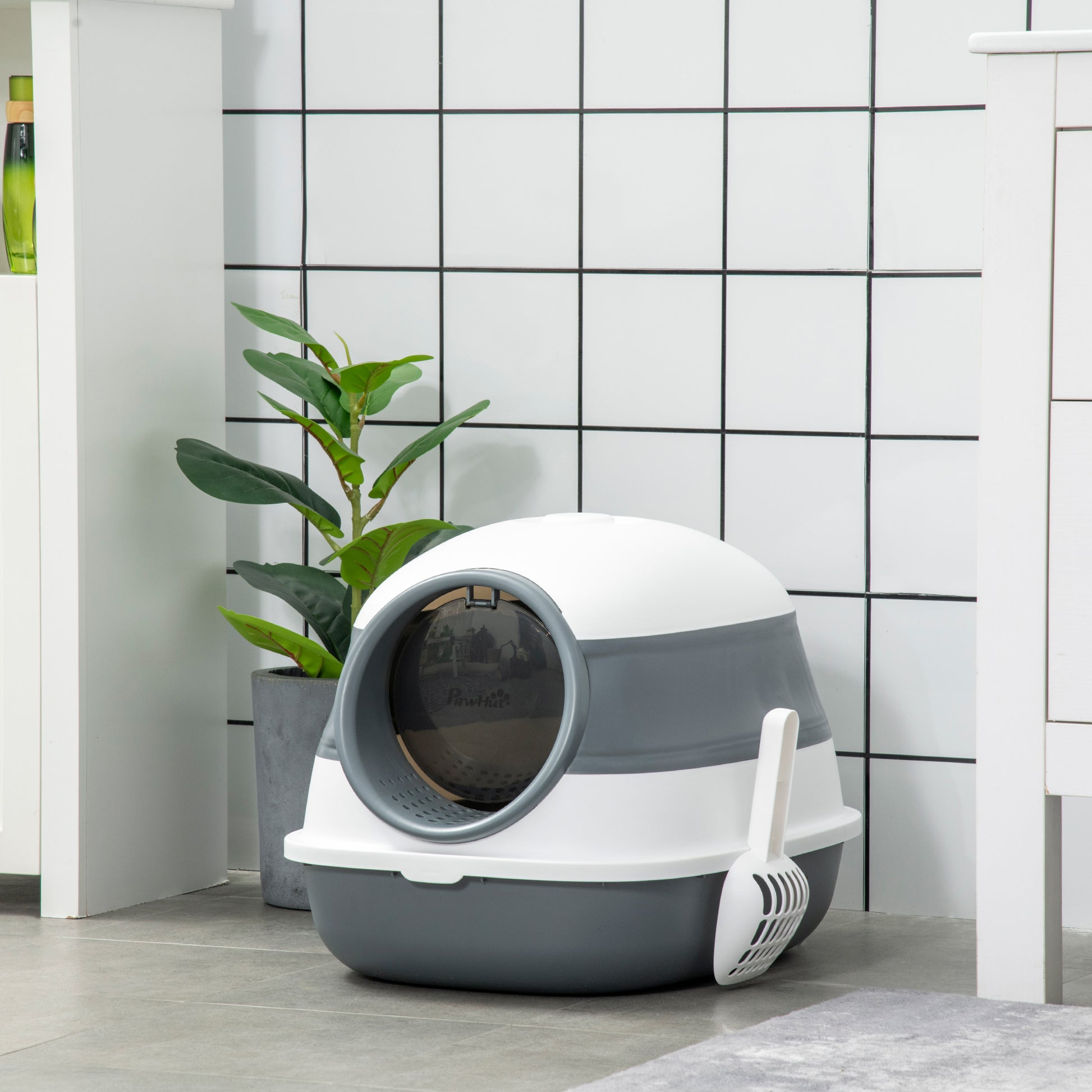 Foldable Large Cat Litter Box with Lid, Covered Kitten Litter Box w/ Automatic Cat Litter-Proof Sides, Deodorization, Easy to Clean, White and Grey