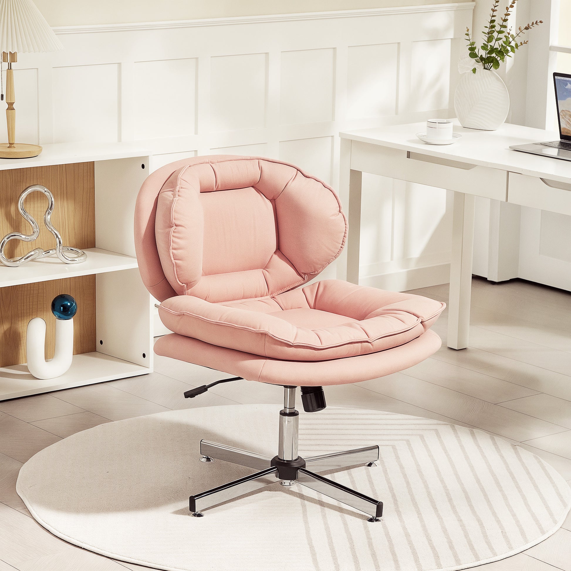 Criss Cross Chair, Armless Wide Office Chair with Leathaire Upholstery, Tilting, No Wheels, Pink