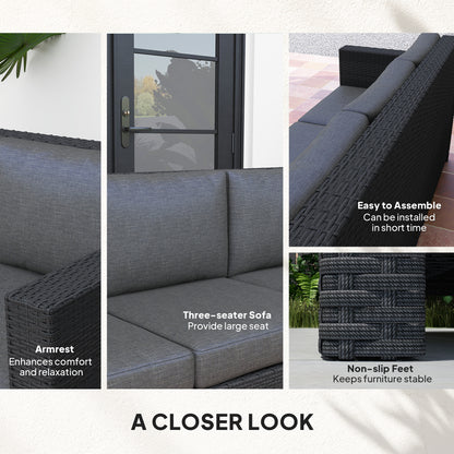 Deluxe 3 Seat Rattan Wicker Sofa Garden Outdoor Patio Furniture with Cushion, Grey