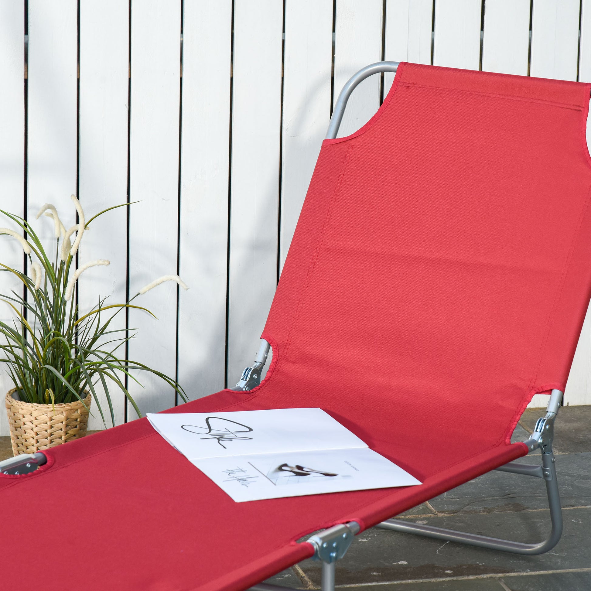 Outdoor Folding Chaise Lounge, Reclining Lounge Chair with Adjustable Backrest and Breathable Mesh Fabric, Wine Red