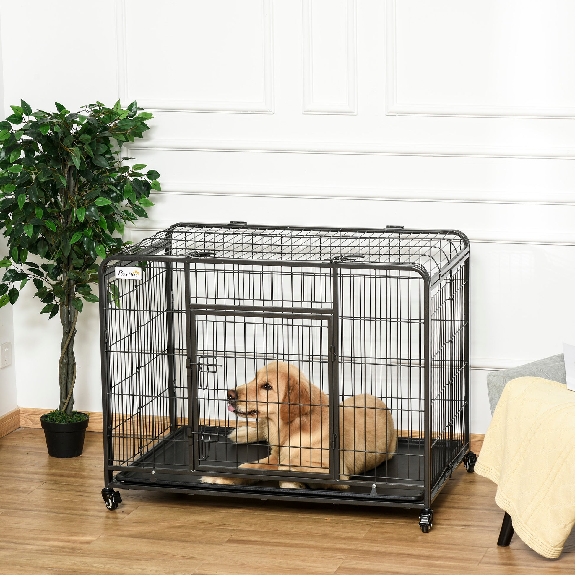 Folding Heavy Duty Dog Crate Heavy Duty Cage for Large Sized Dogs with Double Doors, Lockable Wheels Tray, 43" x 28" x 31"