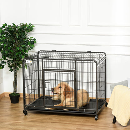 Folding Heavy Duty Dog Crate Heavy Duty Cage for Large Sized Dogs with Double Doors, Lockable Wheels Tray, 43" x 28" x 31"