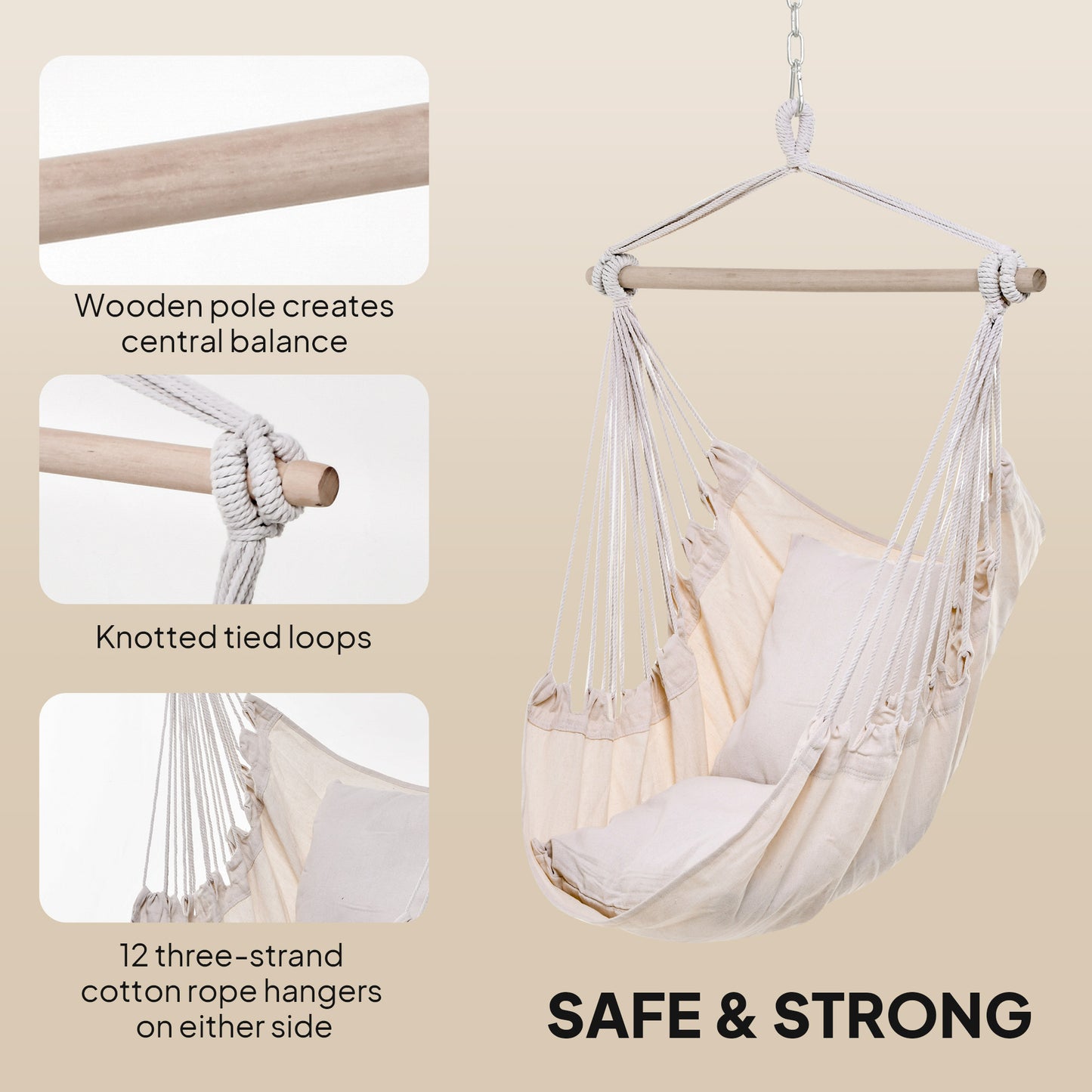 Hammock Chair Swing Hanging Macrame Chair Cotton w/ Two Soft Seat Cushions, for Bedroom Indoor Outdoor Ideal Gift for Kids Lover Birthday Present White