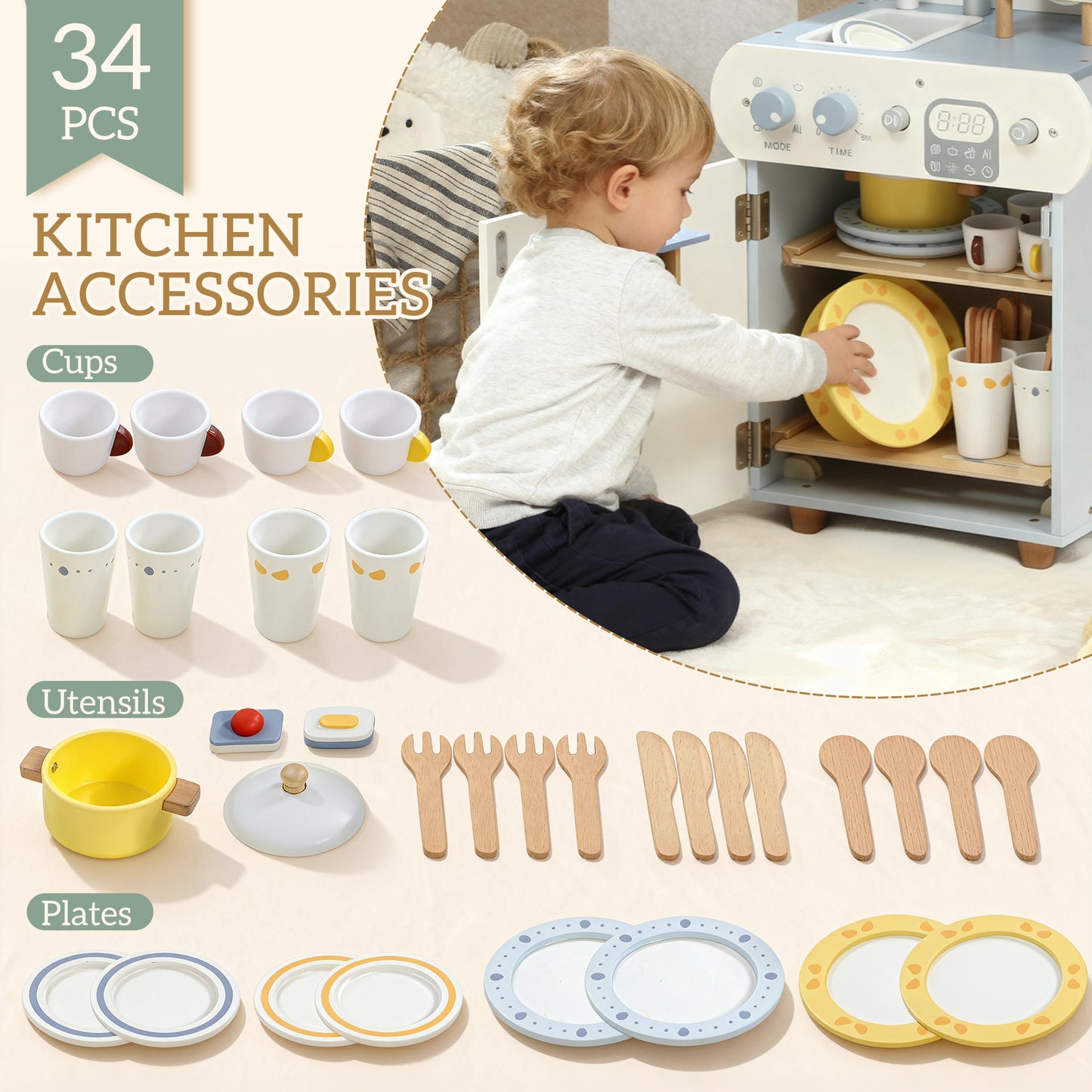 Qaba Wooden Dishwasher Playset, Play Sink Toys with Faucet, Turning Knobs and Accessories, Gift for Boys Girls Toddlers