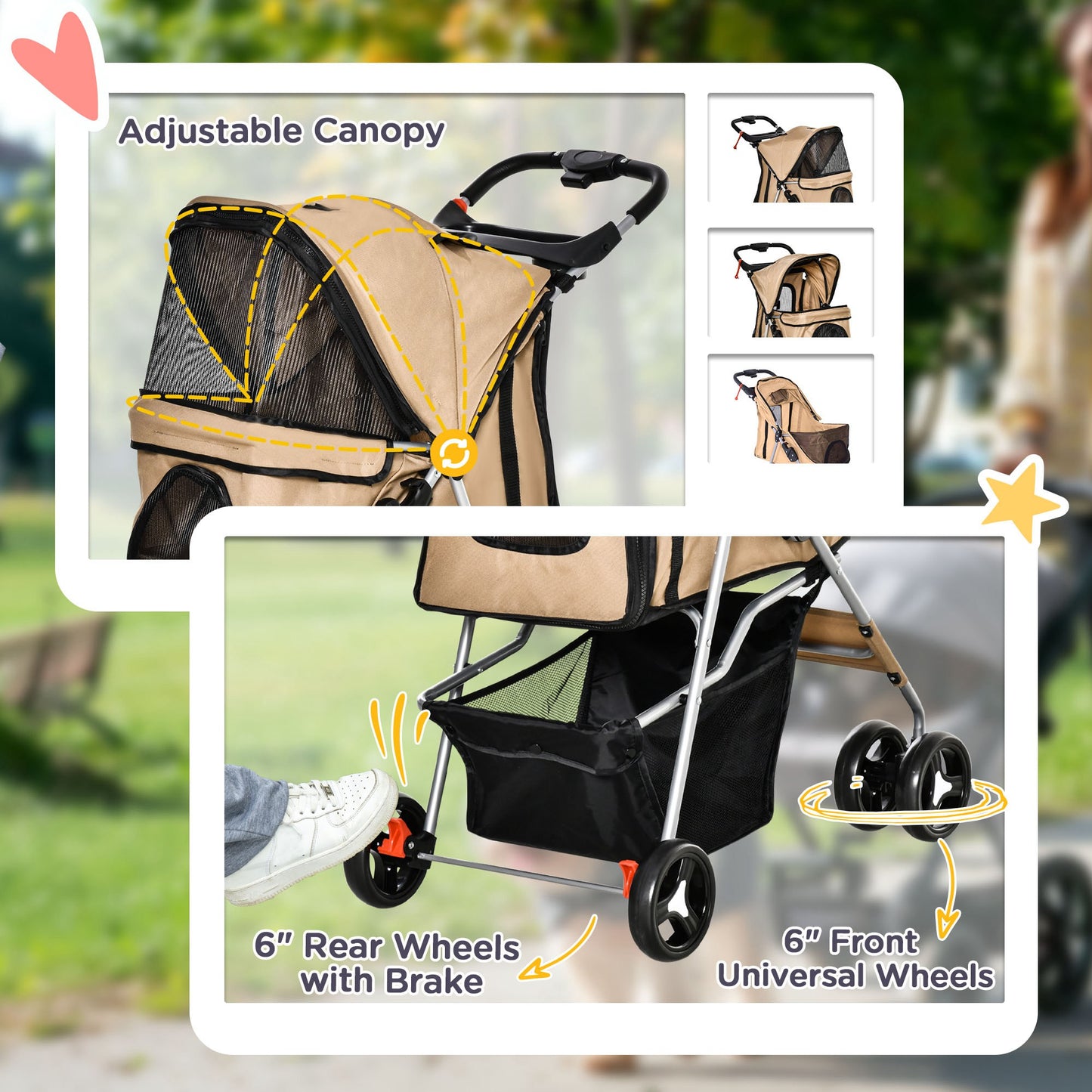 Pet Stroller Foldable Carrier for Cat, Dog and More 4 Wheels Travel Jogger with Cup Holder, Storage Basket, 360 ° swiveling front wheels, Easy Fold, Coffee