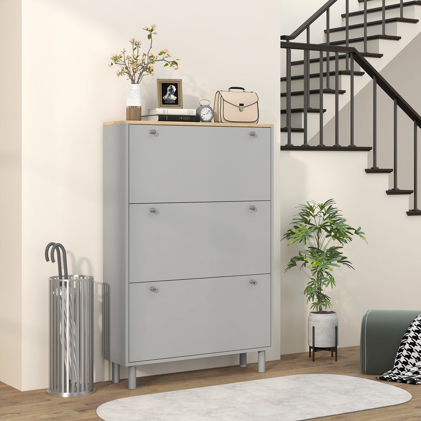 Entryway Shoe Storage Small Modern Flip-Flop Shoe Cabinet with 3 Flip Drawers Adjustable Shelves for 24 Pairs of Shoes, Grey