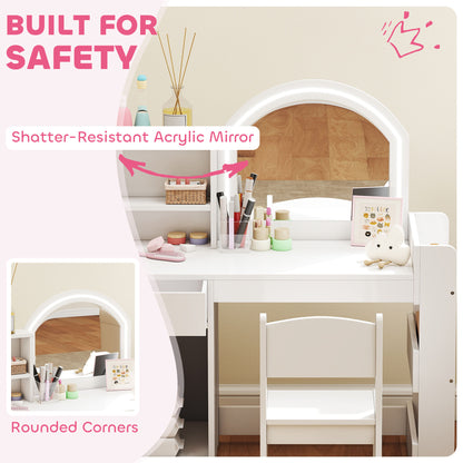 Qaba Kids Vanity Set, Toddler Dressing Table and Chair Set with Lighted Mirror, Cabinet, Drawer and Shelves, White