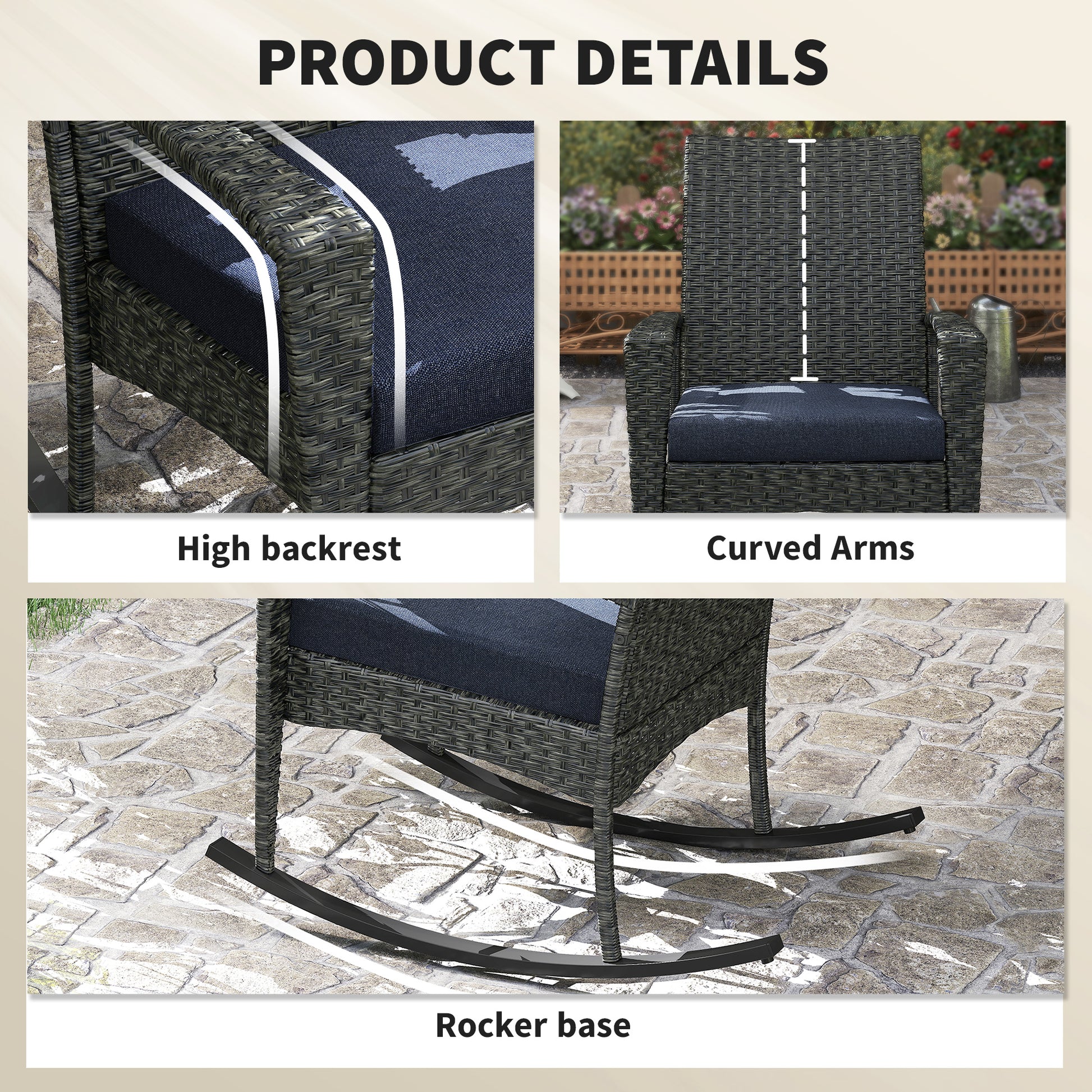Outdoor Rocking Chair, Patio Wicker Chair Removable Cushion, High Back and Armrests for Porch Balcony, Navy Blue