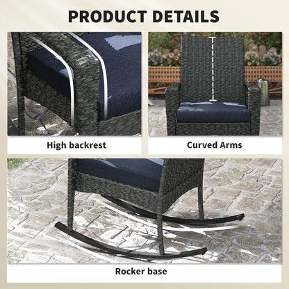 Outdoor Rocking Chair, Patio Wicker Chair Removable Cushion, High Back and Armrests for Porch Balcony, Navy Blue