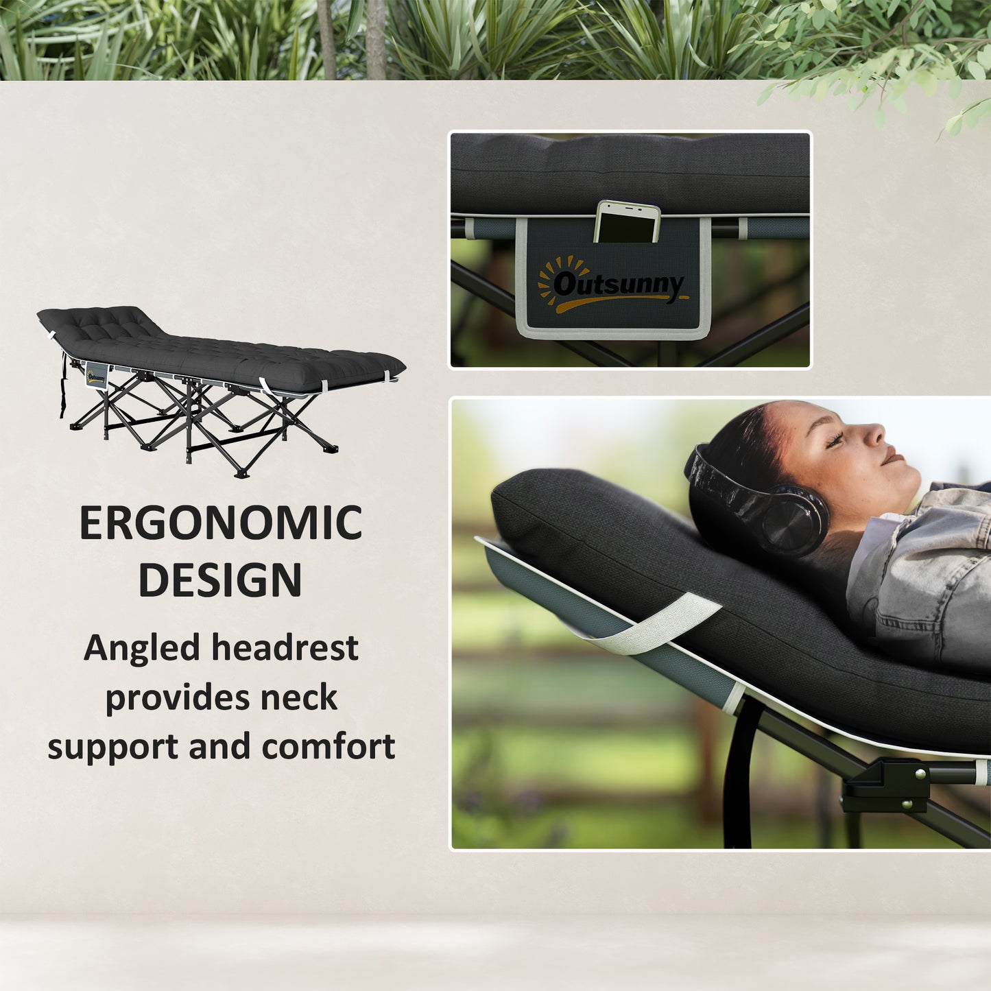 26.8" Wide Folding Bed, Camping Cot for Adults with Cushion, Carry Bag, Max Load 330 LBS, Black