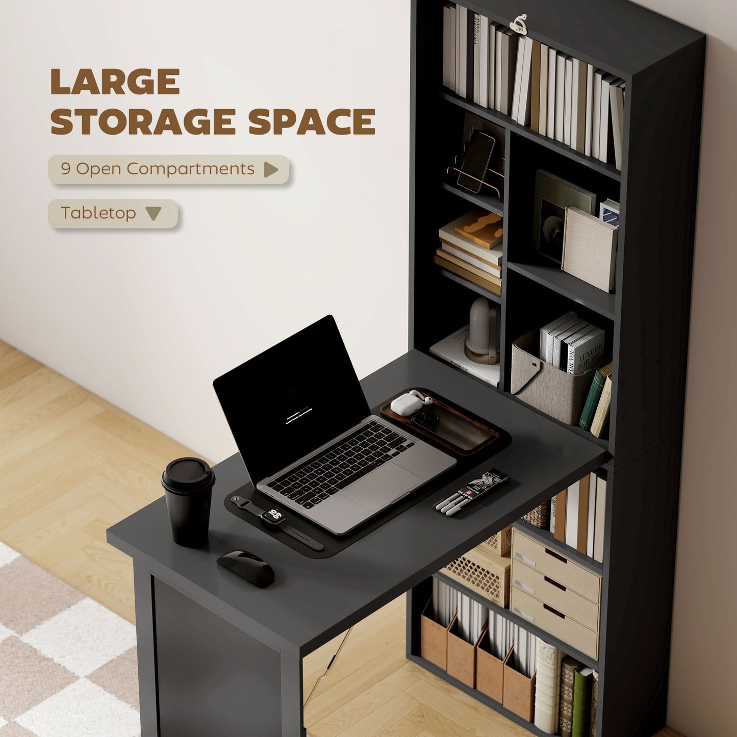 Fold-out Convertible Office Desk, Wall Mount Computer Desk with Blackboard and Side Shelf, Black