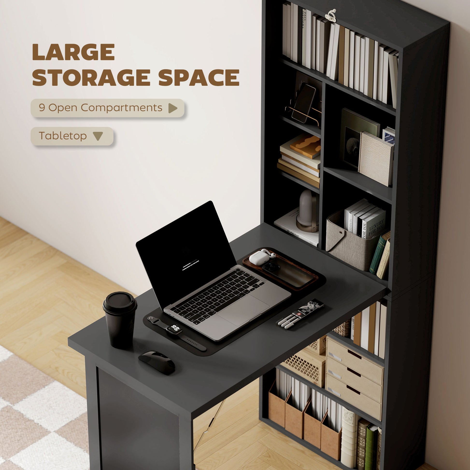 Fold-out Convertible Office Desk, Wall Mount Computer Desk with Blackboard and Side Shelf, Black