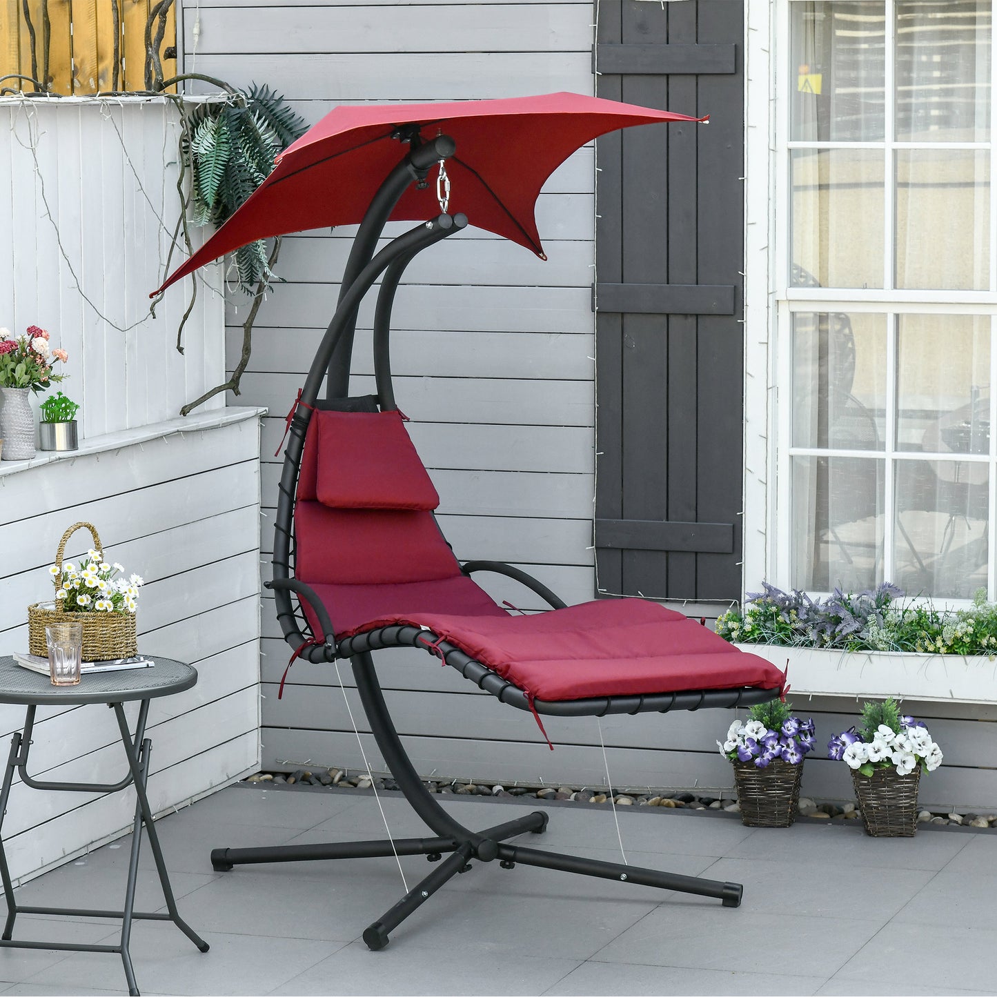 Outdoor Hammock Chair with Stand, Floating Chaise Lounge Chair with Soft Padded Cushion, Hanging Hammock Swing Reclining Seat with Canopy Umbrella, Wine Red