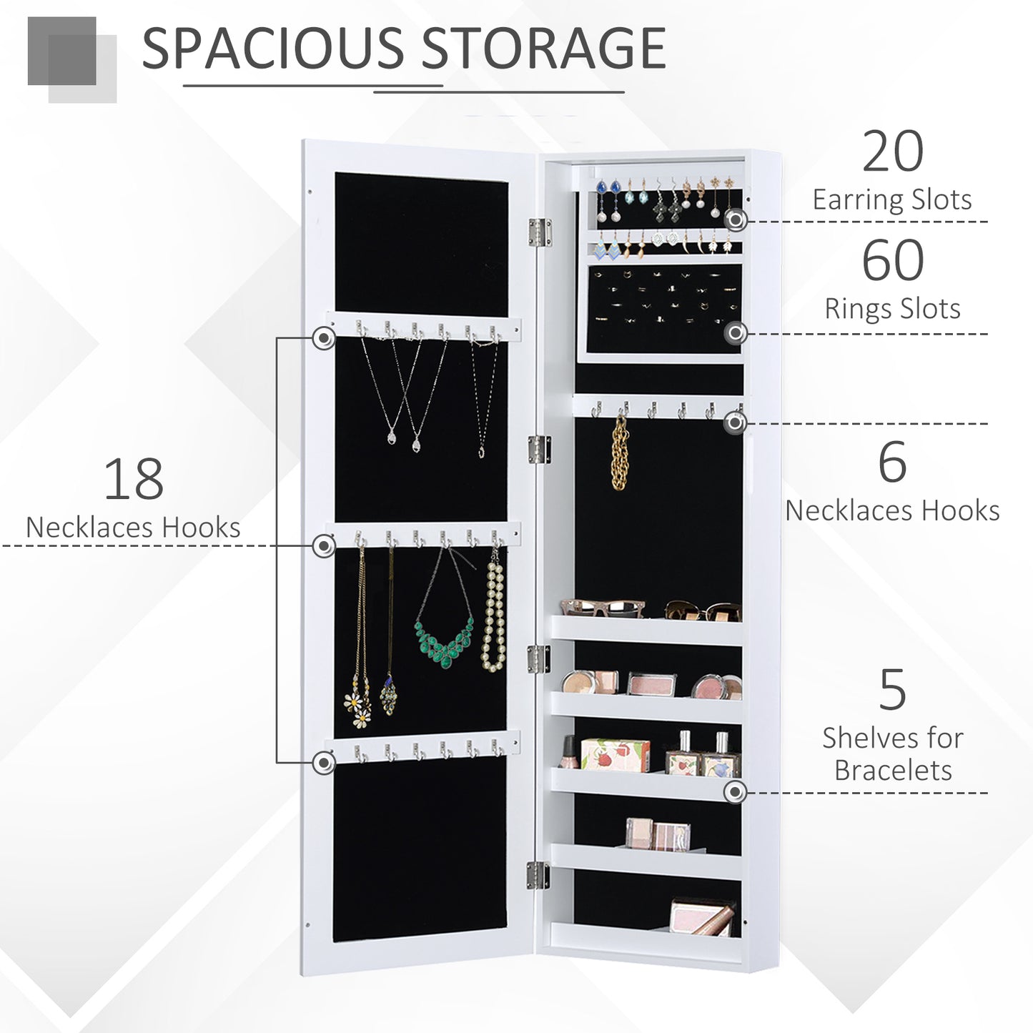 Mirror Jewellery Cabinet Armoire with Full Length Mirror, Wall Mounted Jewellery Organizer, White