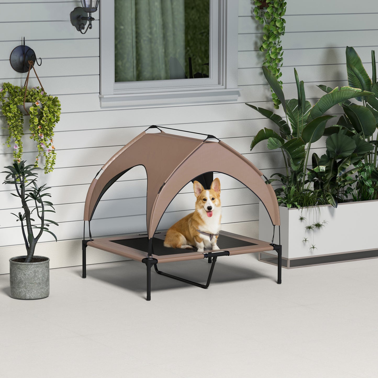 Raised Dog Bed Cooling Dog Cot w/ Canopy Washable Breathable Mesh, for Medium and Large Dogs, Coffee