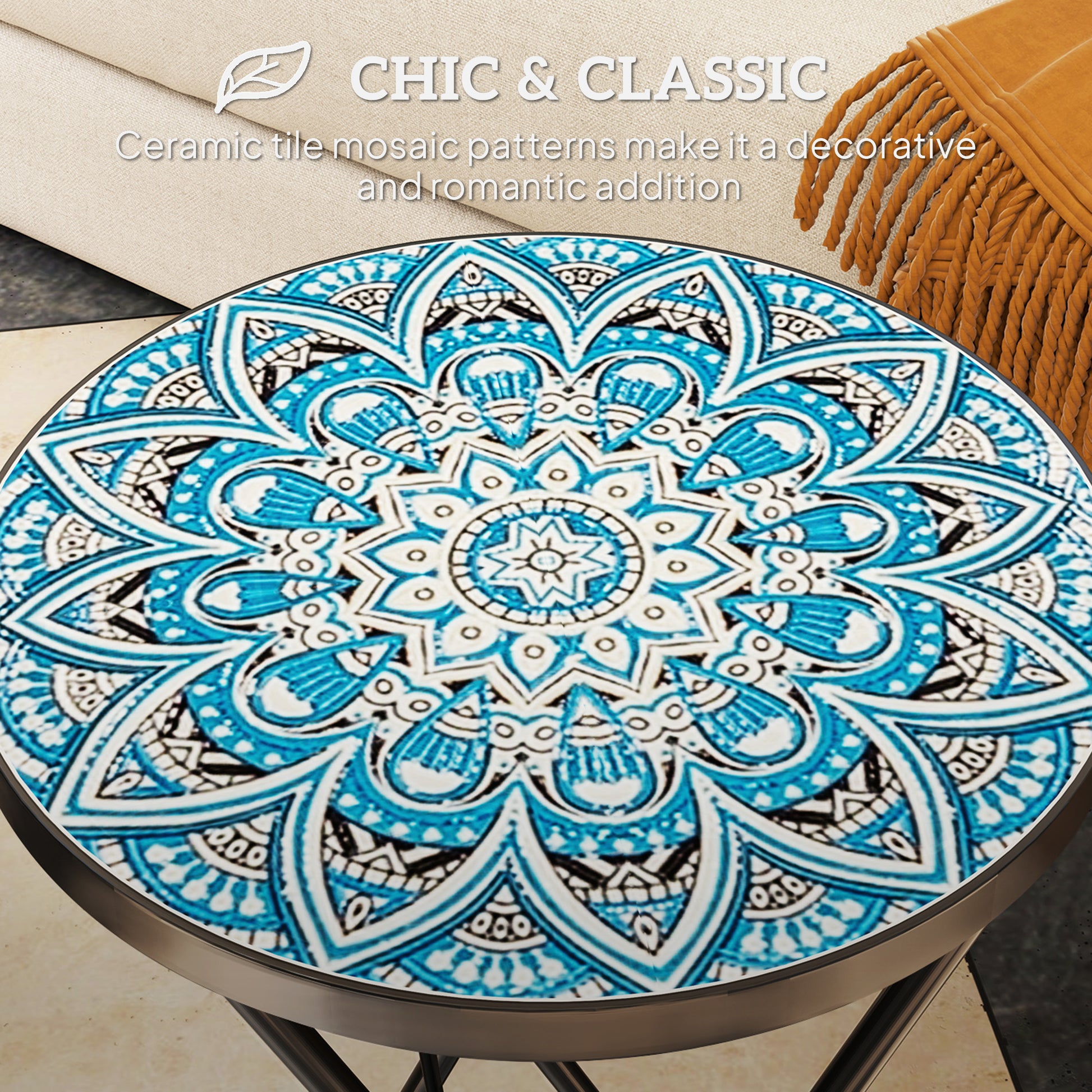 Mosaic Outdoor Patio Side Table, 14" Round Folding Outdoor Coffee Table with Steel Frame for Balcony Deck Patio Terrace, Blue