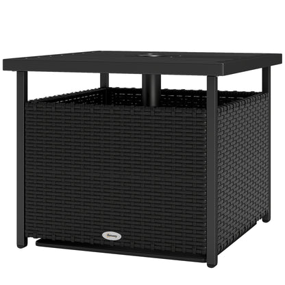 21.75" Outdoor Rattan Wicker Patio Coffee Table with Umbrella Hole, Patio Side Table with Slatted Metal Top, Black