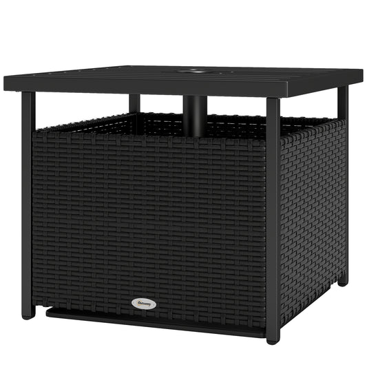 21.75" Outdoor Rattan Wicker Patio Coffee Table with Umbrella Hole, Patio Side Table with Slatted Metal Top, Black