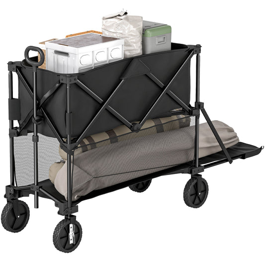 Double Decker Folding Wagon Cart, 450LBS & 350L Capacity Collapsible Garden Cart for Camping Sports Shopping and Beach