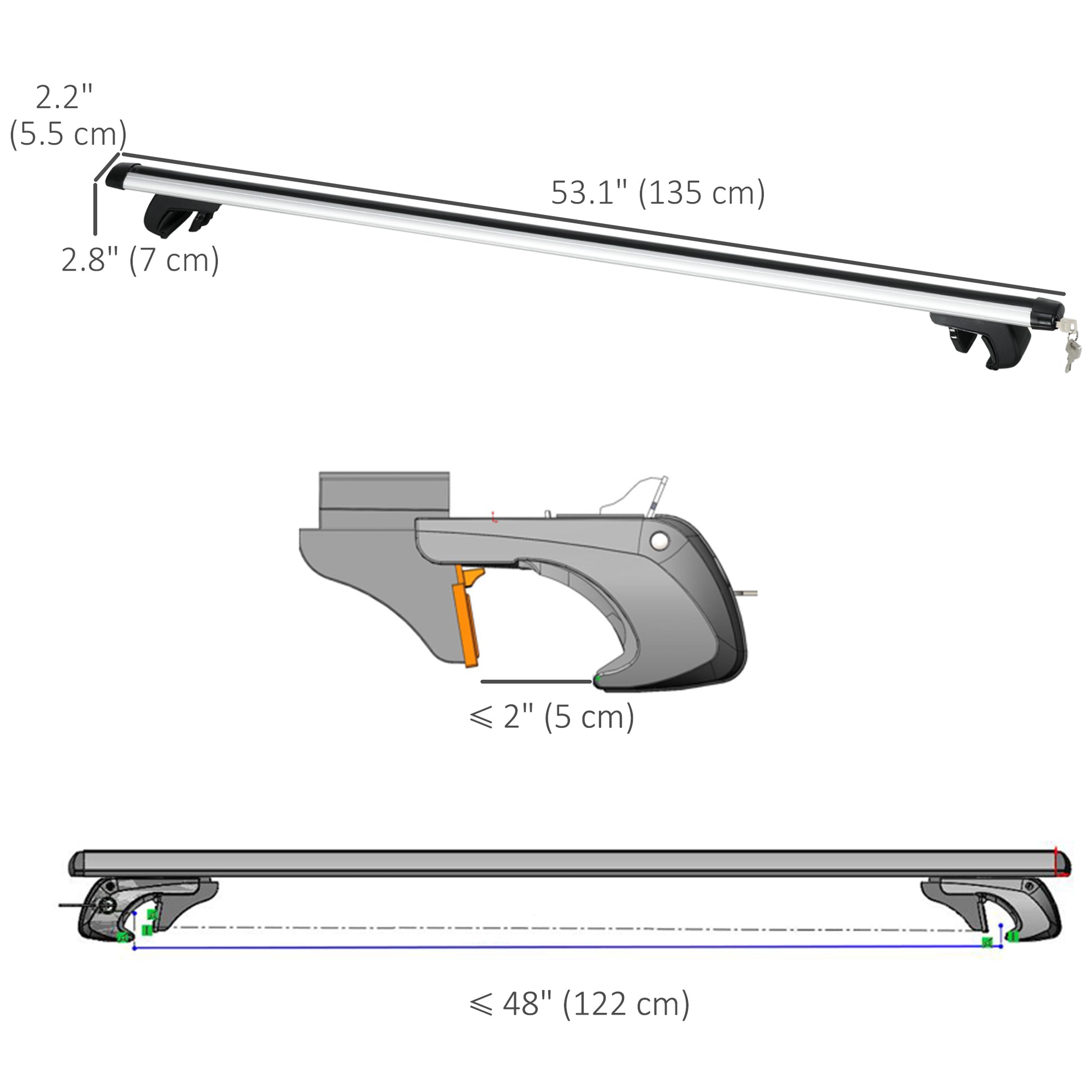 2pc Roof Rack Car Roof Top Lockable Aluminum Cross Bars Adjustable Baggage Luggage Carrier, Silver (53")