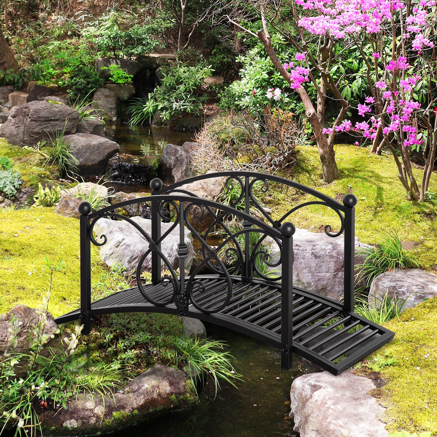 Garden Bridge 3.3FT, Decorative Classic Backyard Pond Bridge with Safety Railings Black