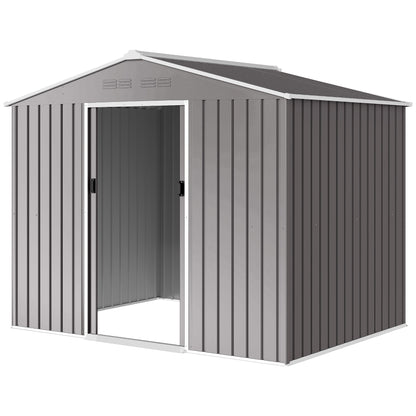 8' x 6' Outdoor Storage Shed, Metal Garden Tool Storage House with Lockable Sliding Doors and Vents, Light Grey