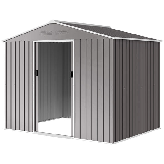 8' x 6' Outdoor Storage Shed, Metal Garden Tool Storage House with Lockable Sliding Doors and Vents, Light Grey