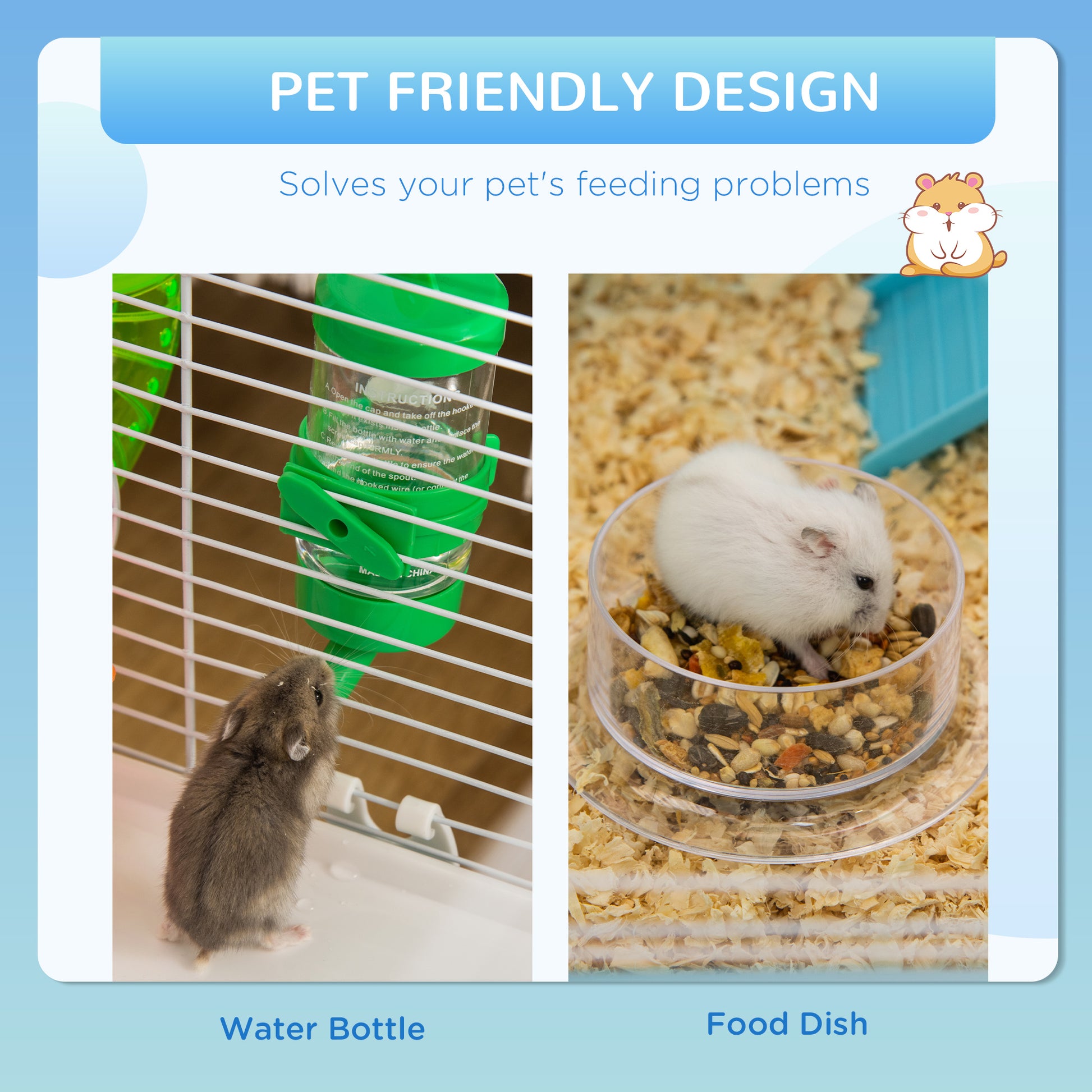 3-Tier Large Toy-Filled Steel Small Animal Cage, Includes Exercise Wheel, Water Bottle, Food Dish, Blue