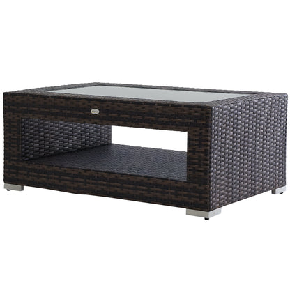 2-Tier Rattan Patio Coffee Table Outdoor Side Table PE Wicker Patio Garden Tea End Desk with Tempered Glass Top & Storage for Balcony, Backyard, Poolside