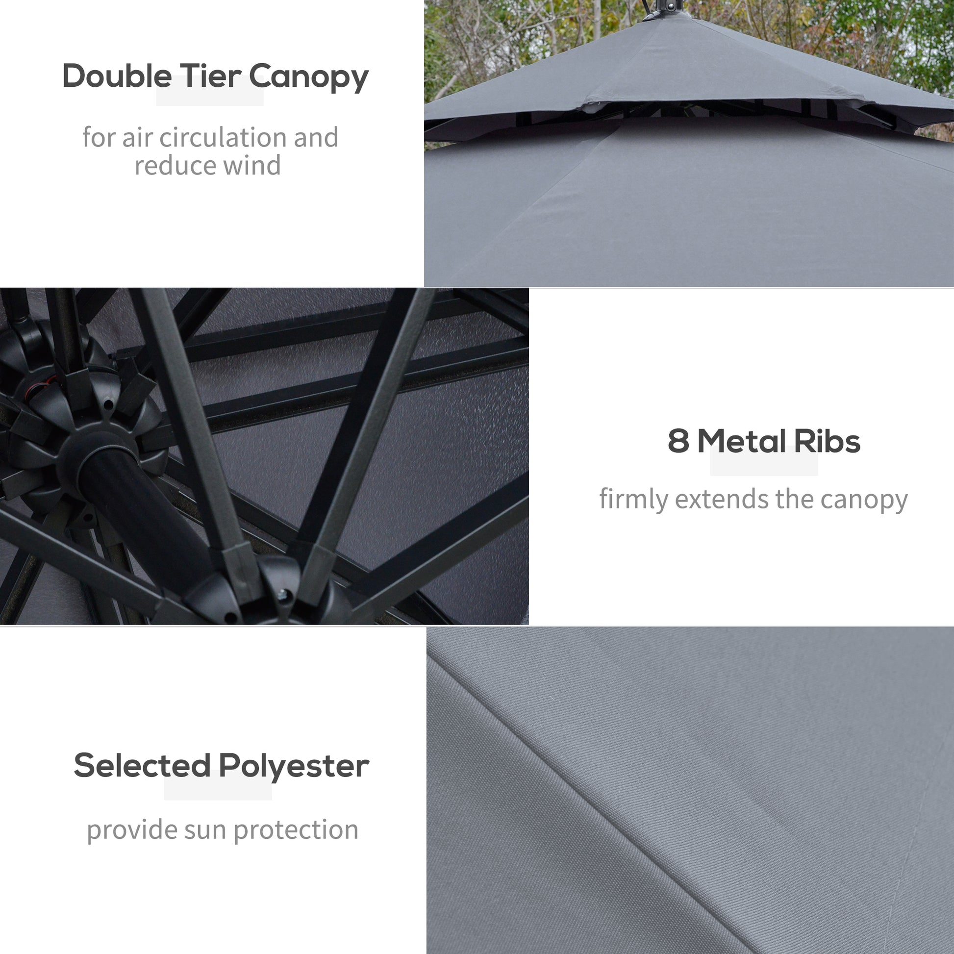 10FT Cantilever Patio Umbrella with Lights Solar Powered Offset Umbrella with Crank and Cross Base for Deck Grey