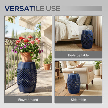 12" Steel Patio End Table, Round Hollow Drum Side Table, Accent Table for Indoor and Outdoor, Navy Blue
