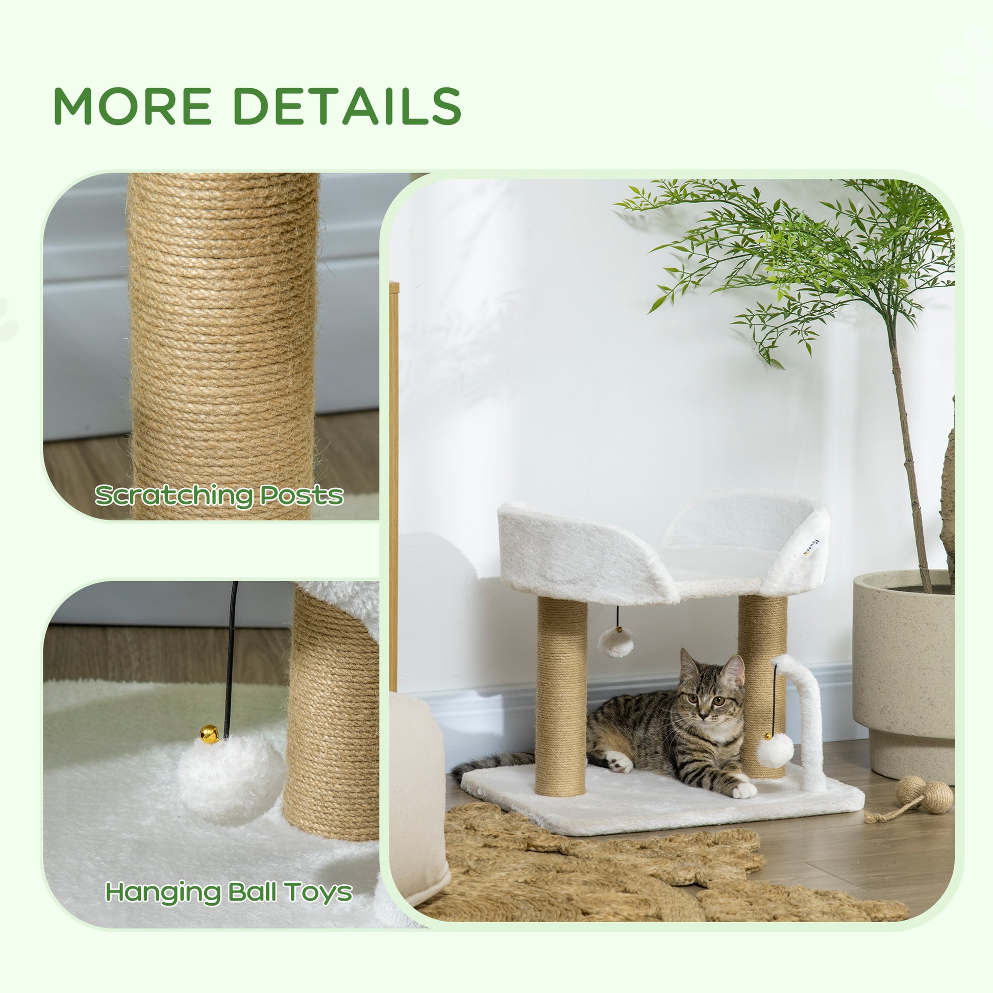 Cat Tower Condo for Indoor Cats, Small Cat Tree with Jute Scratching Posts, Top Perch, Dangling Balls, White