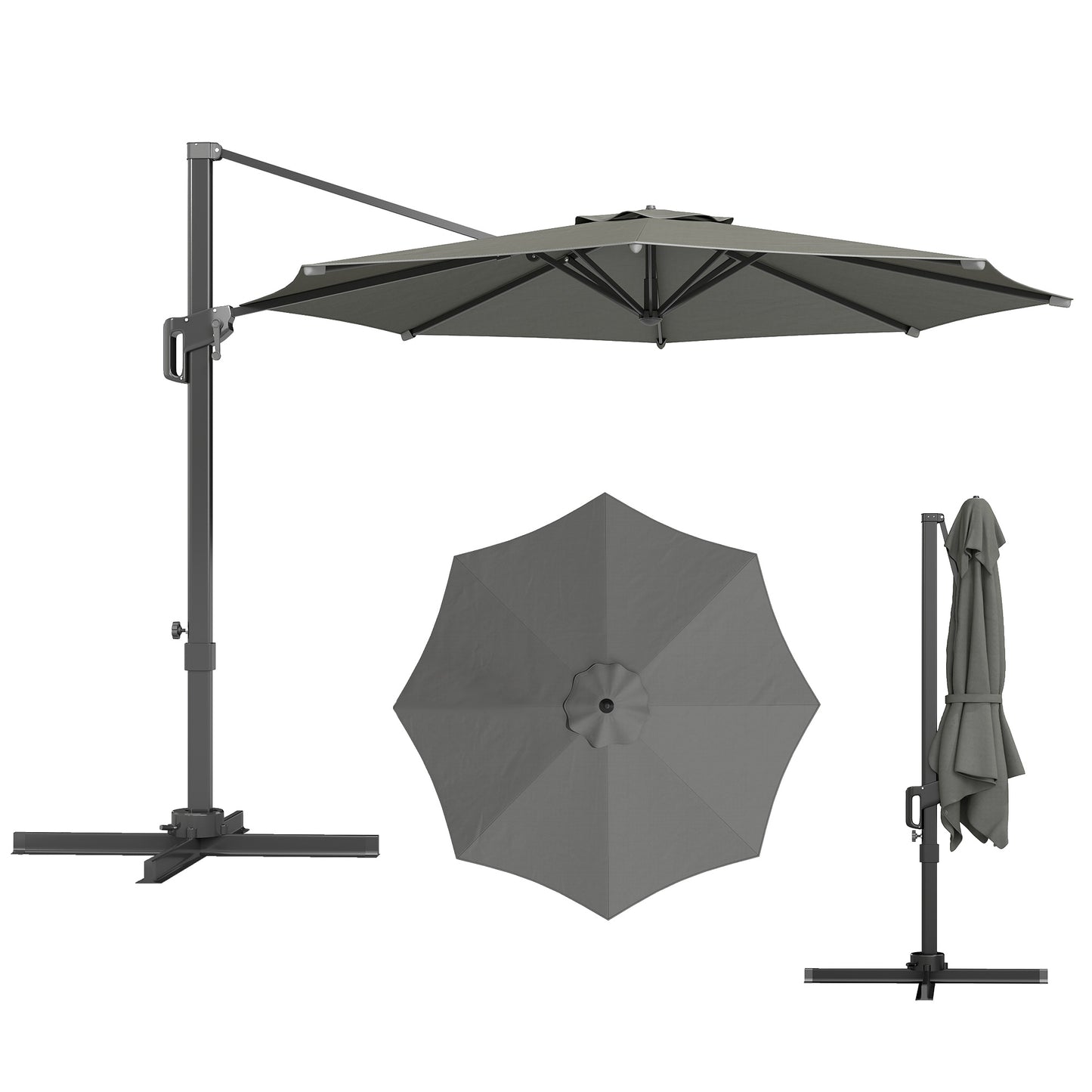 10' Offset Patio Umbrella Cantilever Umbrella with Aluminium Pole 360° Rotation and Tilt Adjustment, Grey