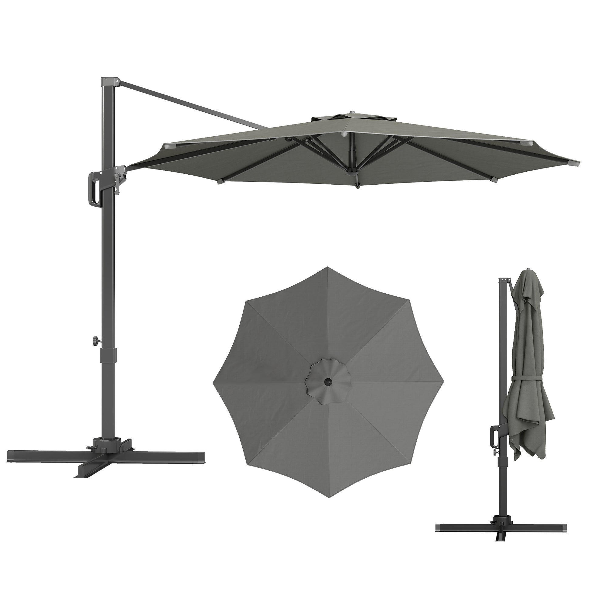 10' Offset Patio Umbrella Cantilever Umbrella with Aluminium Pole 360° Rotation and Tilt Adjustment, Grey