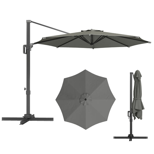 10' Offset Patio Umbrella Cantilever Umbrella with Aluminium Pole 360° Rotation and Tilt Adjustment, Grey