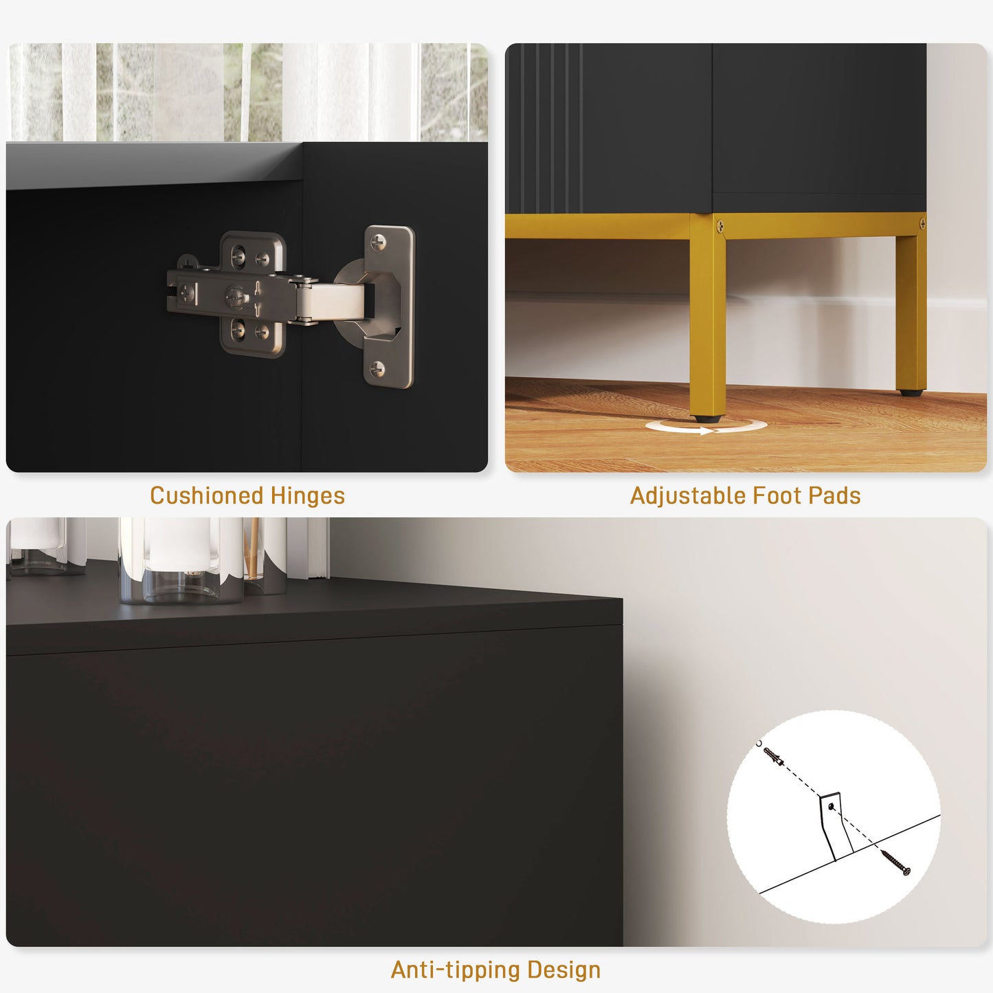 Sideboard Storage Cabinet with Adjustable Shelves, Soft-Close Doors, Kitchen Buffet Cabinet for Dining Room, Black