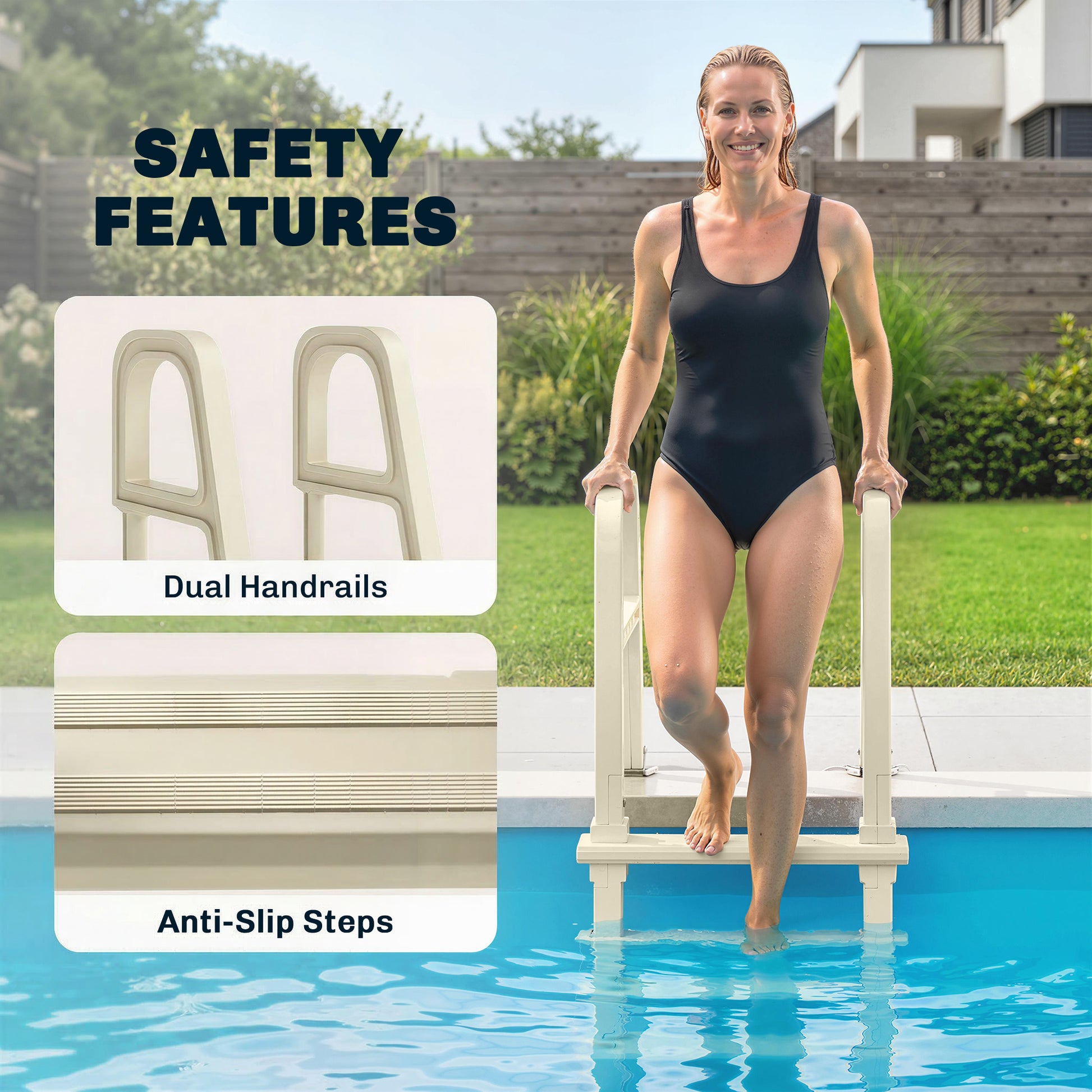 Swimming Pool Ladder, 63.4"-69.3" Adjustable 5-Step Pool Stairs with Handrails, Non-Slip Steps, Load Capacity 300 lb