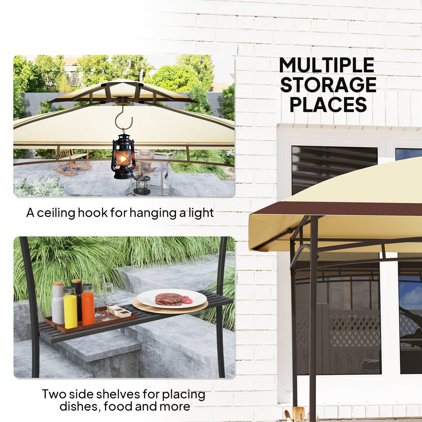 8' x 5' Outdoor Grill Gazebo, Double Tiered Barbecue Grill Gazebo Shelter with 2 Side Shelves and Hook, Beige