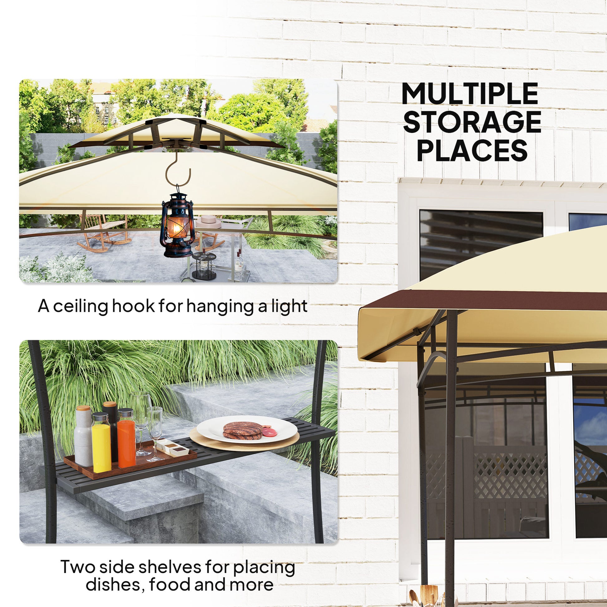 8' x 5' Outdoor Grill Gazebo, Double Tiered Barbecue Grill Gazebo Shelter with 2 Side Shelves and Hook, Beige
