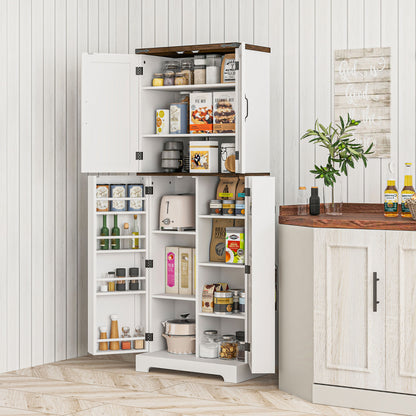 64" Tall Kitchen Pantry Cabinet with Spice Racks and Adjustable Shelves, White