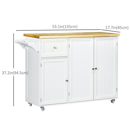 Rolling Kitchen Island with Storage, Utility Kitchen Island Cart with Drawer, Cabinets, Towel Rack and Rubber Wood Top