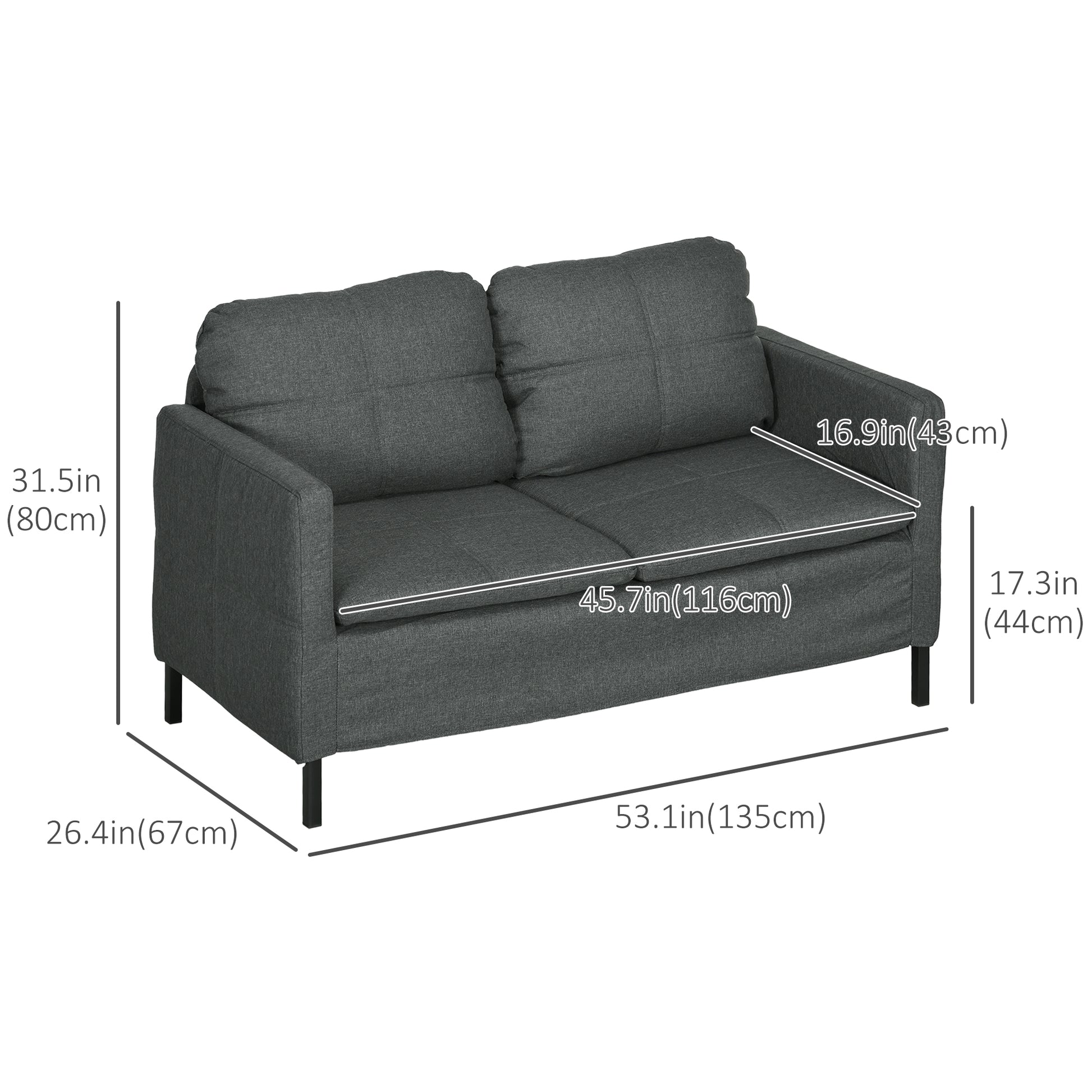 53" 2 Seat Sofa, Upholstered Two Seater Couch with Sturdy Steel Legs for Bedroom, Living Room, Dark Grey