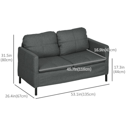 53" 2 Seat Sofa, Upholstered Two Seater Couch with Sturdy Steel Legs for Bedroom, Living Room, Dark Grey