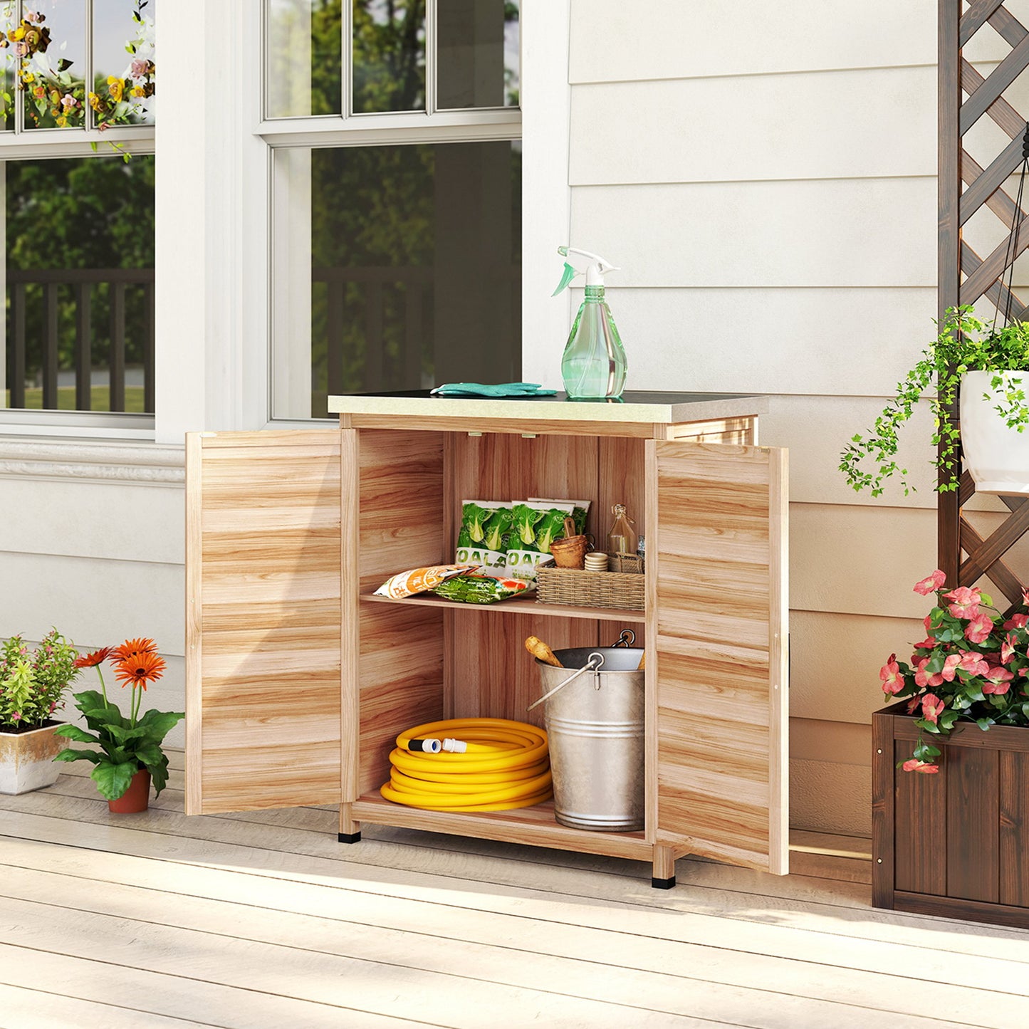 Garden Storage Cabinet, Outdoor Potting Bench Table with Metal Tabletop, Shelf and Double Doors, Natural