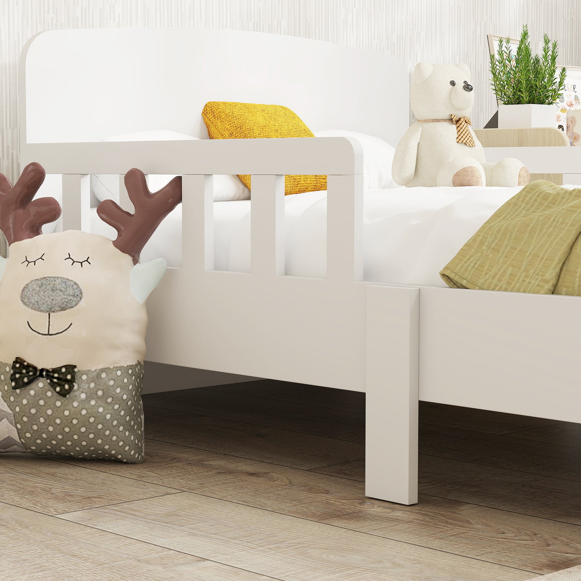 Qaba Toddler Bed Frame with Safety Side Rails for Girls and Boys, Bedroom Furniture, White